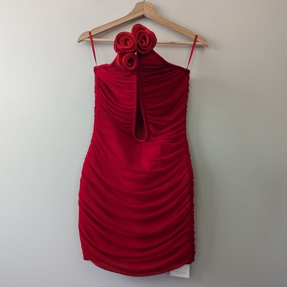 Mew Mews Ahinoam Strapless Ruched Flower Bandage Mini Dress - Picture 3 of 16